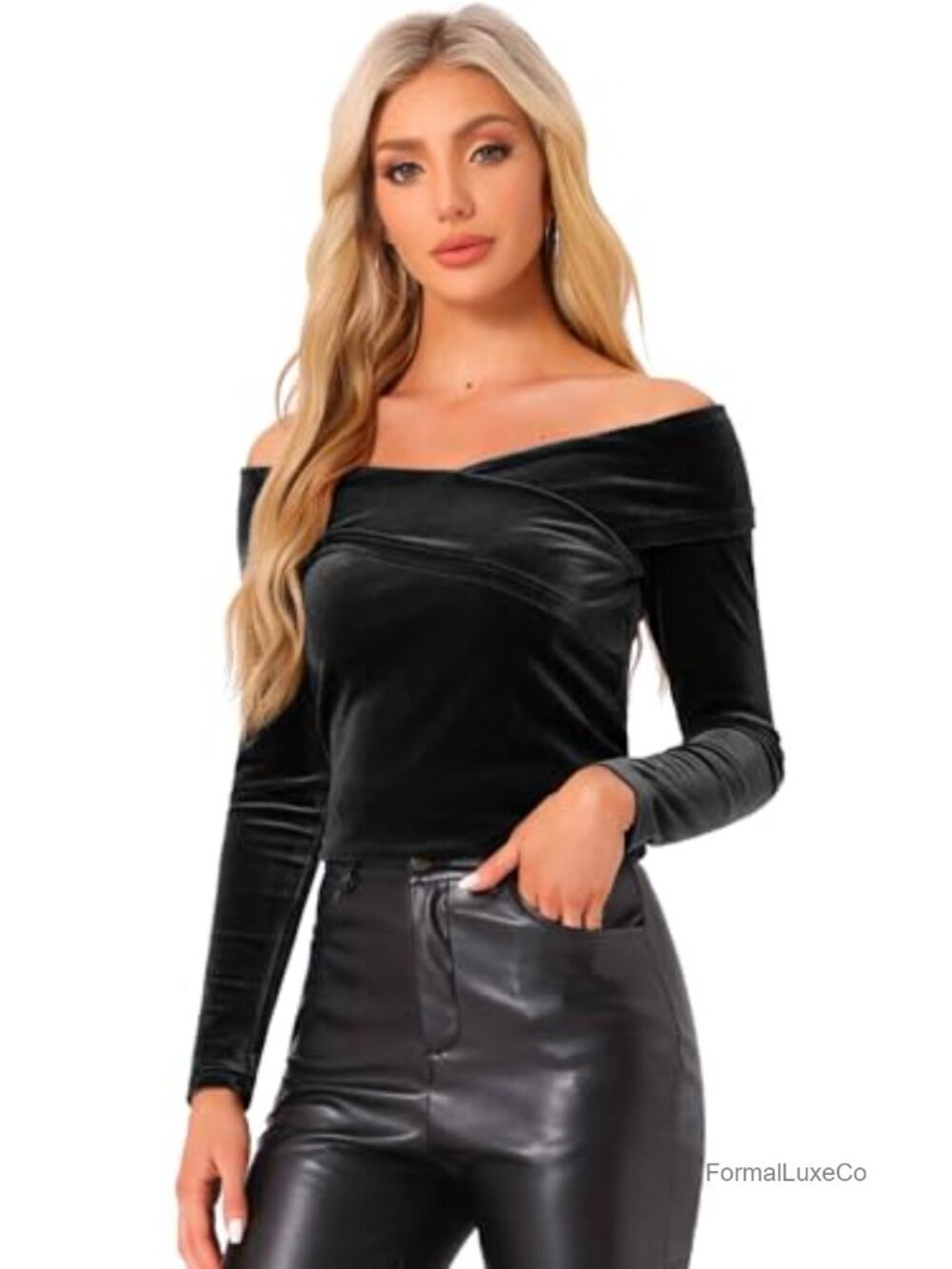 Velvet Off-Shoulder Long Sleeve Slim Fit Cocktail Blouse